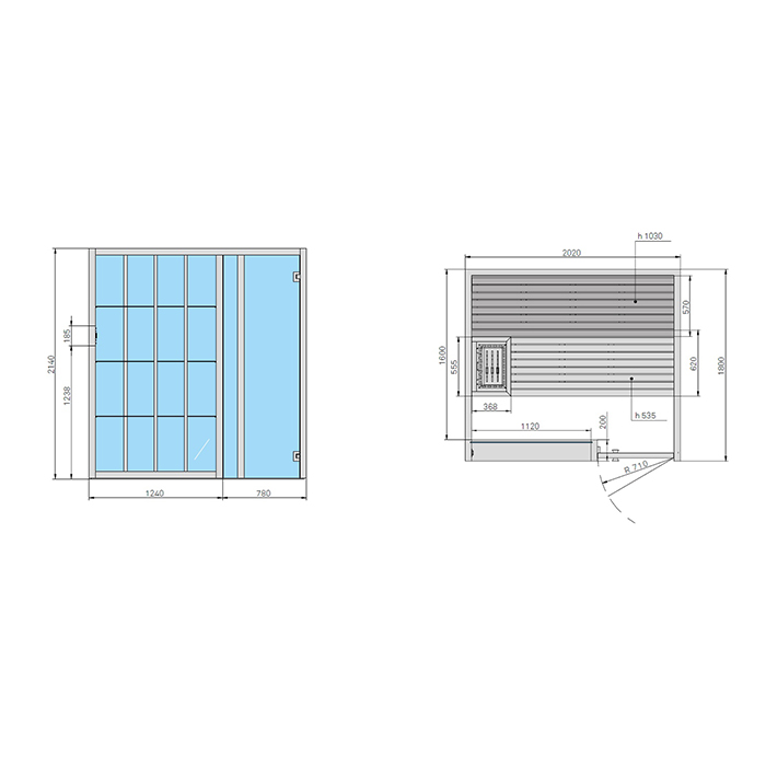 Effegibi Yoku S Door Био-Сауна 202x180х214см, угловая DX, цвет: термообработанная древесина