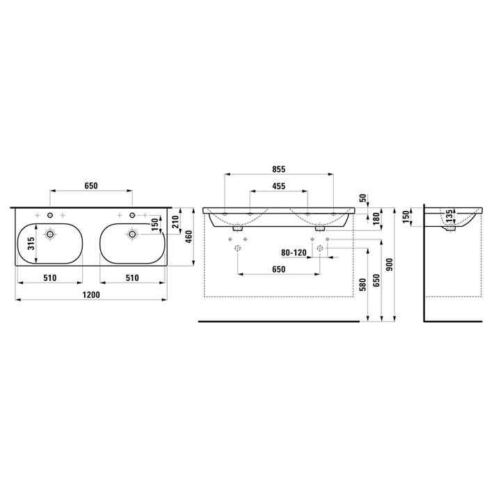 Laufen LUA Раковина подвесная 120x46см, двойная, с 1 отв., цвет: белый глянцевый