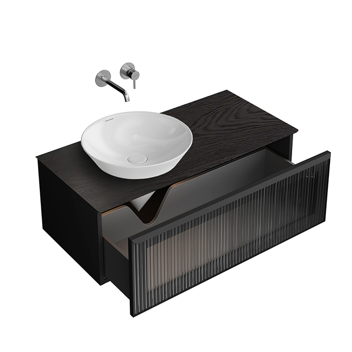 Kerama Marazzi Iconico Тумба подвесная 100 с рифленым стеклом, 1 ящик, столешница керамогранит Манифик вуд, цвет: черный