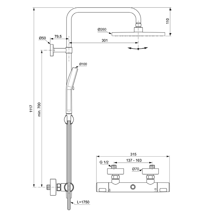 Ideal Standard Ceratherm T25 Душевая стойка, с термостатическим смесителем, ручным душем и шлангом, корпус Coolbody, руч. душ: 3 режима, верх. душ: 25см., цвет: хром