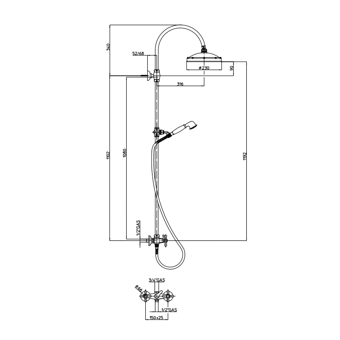 Bossini Retro Душевая стойка с верхним душем Ø23см., ручным душем и шлангом 150см., цвет: хром