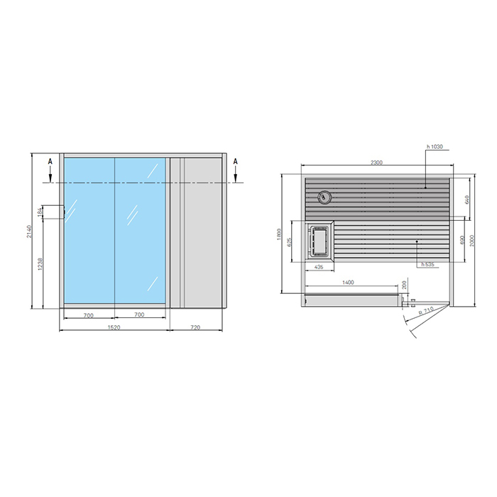 Effegibi Yoku S Door Сауна 230x200х214см, угловая DX, цвет: осина термообработанная