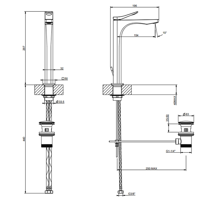 Gessi Rilievo Смеситель для раковины на 1 отв. с донным клапаном h=297мм, излив 154мм , цвет: black XL