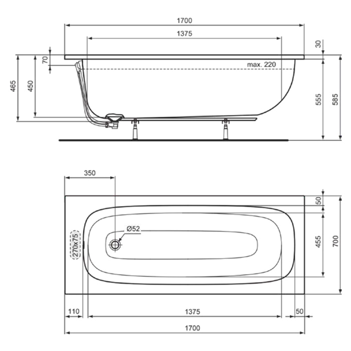 Ideal Standard i.life Ванна 170x70 см, встраиваемая, акрил, без панелей, перелива, без ножек, цвет: белый глянец