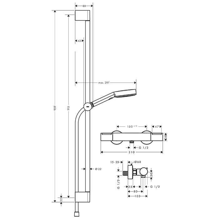 Hansgrohe Ecostat Душевой гарнитур с термостатическим смесителем, ручным душем и душевой штангой 90см, цвет: хром