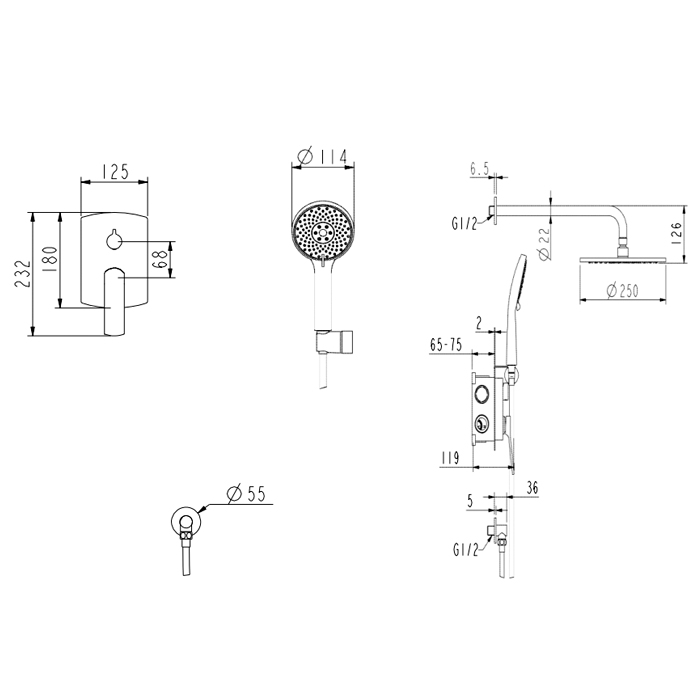 NEMO Prima Душевой комплект с верхним душем 25см., смесителем, ручным душем, держателем для душа и шлангом 150см., цвет: черный матовый