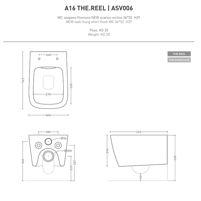Artceram A16 Унитаз подвесной 36x52см, безободковый, saniglaze, the.reel, цвет: белый матовый