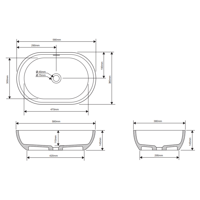 Dea Design Раковина 58х38х14см., накладная, без отв., цвет: белый матовый