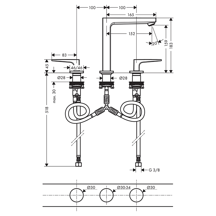 Hansgrohe Metropol Смеситель для раковины 160, на 3 отв, с донным клапаном, излив 152мм, цвет: шлифованный черный хром