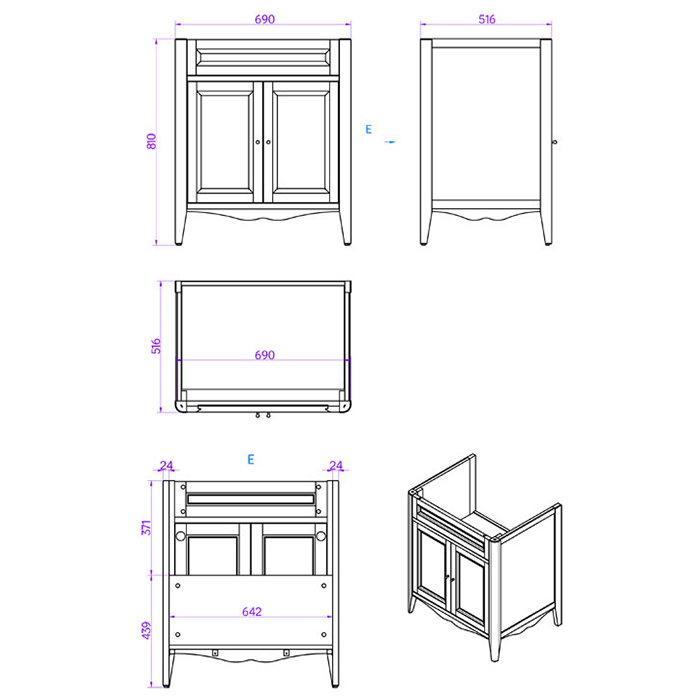 TW Veronica Nuovo комплект мебели с 2-мя дверцами, с доводчиками Blum, ручки: бронза, 73см, Цвет: tortora