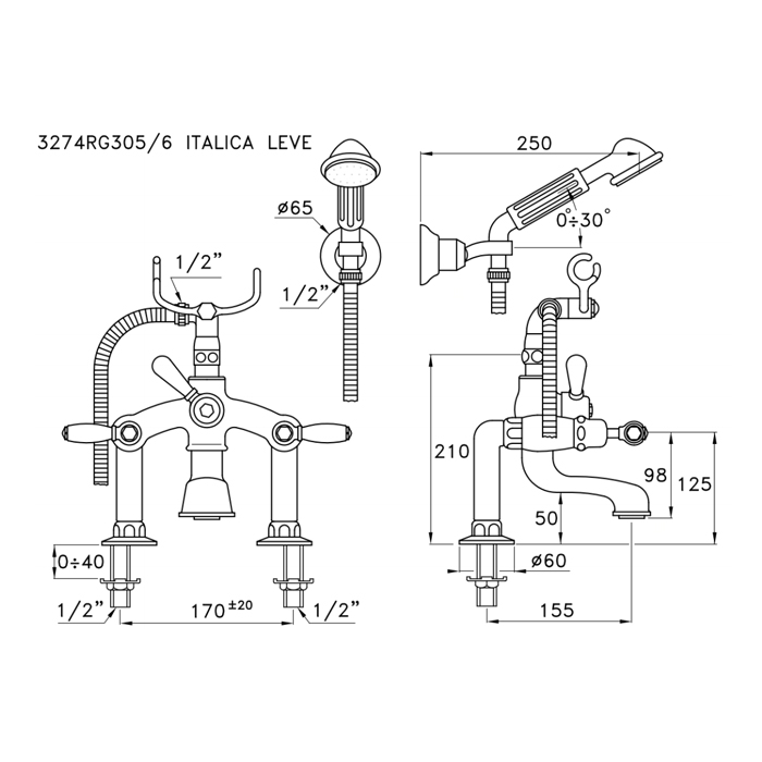 Stella Italica Leve Смеситель на борт ванны на 2 отверстия 3274RG305/6 с ручным душем, цвет: хром