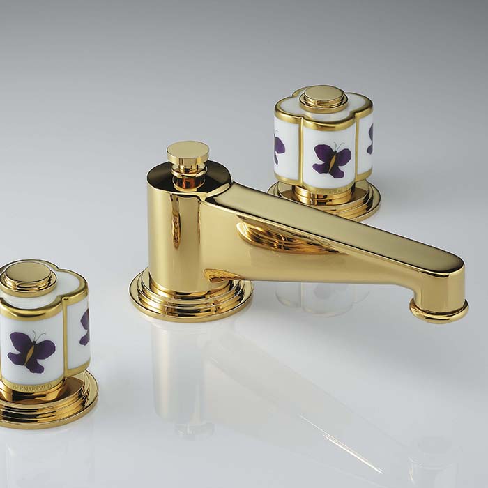 THG CAPUCINE MAUVE DECOR OR Смеситель для раковины на 3 отверстия, с донным клапаном, декор золото/лиловый, цвет: полированное золото