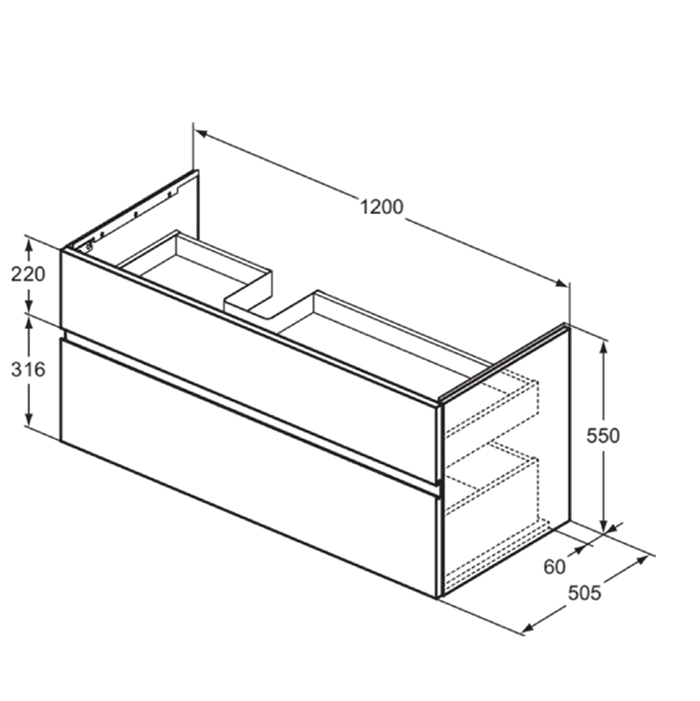 Ideal Standard Finesse Тумба с раковиной 120x50см, подвесная, SX, 2 ящика, 1 отв., цвет: белый матовый