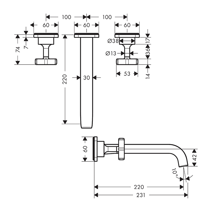 Axor Citterio E Смеситель для раковины, встраиваемый, излив: 22см., цвет: сталь