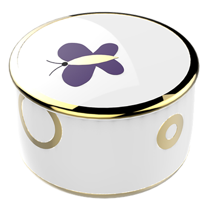 THG CAPUCINE MAUVE DECOR OR Коробка для таблеток керамическая, круглая ø55 мм., настольная, декор золото/лиловый, цвет: белый