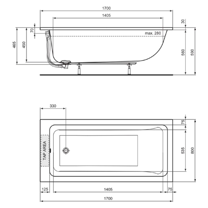 Ideal Standard Dolce Vita Ванна 170x80 см, встраиваемая, акрил, без панелей, перелива, ножки в комплекте, цвет: белый глянец