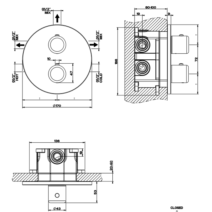 Gessi Goccia Встраиваемый термостат, подключение на 3/4”, с переключателем на 3 выхода, внешняя часть, цвет: black XL