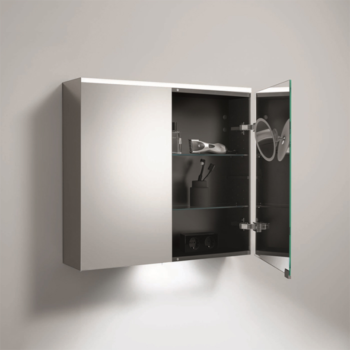 BURGBAD Eqio Зеркальный шкаф с LED подсветкой 5Вт IP24, 90х80х17см,2 зерк двери с обоих сторон, стекл полки, вкл/выкл, цвет: серый