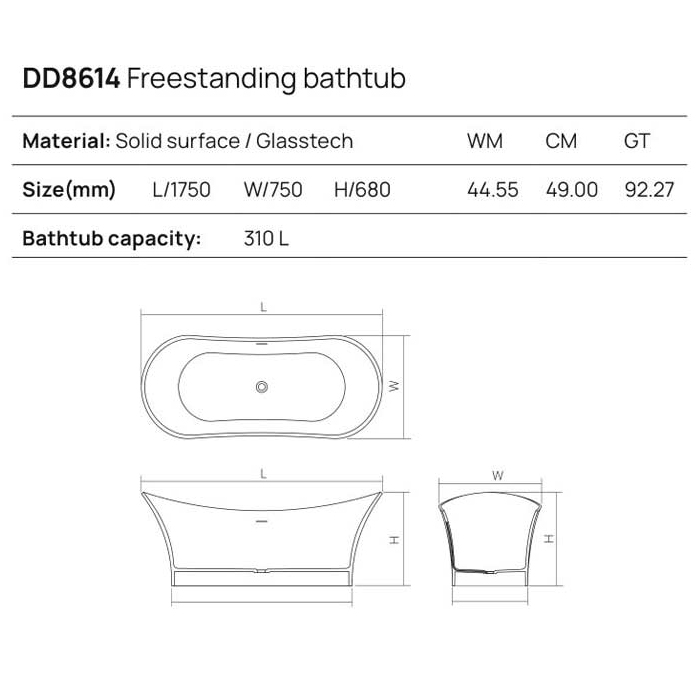Dea Design Elegant Ванна 175x75x68см., отдельностоящая, Solid Surface, цвет: White №18