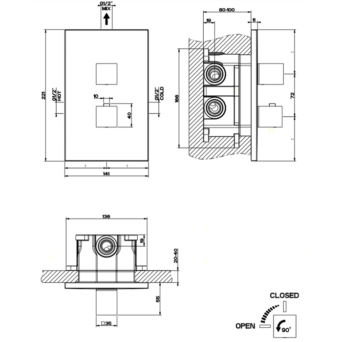 Gessi Rettangolo Встраиваемый термостатический смеситель, 1 источник, подключение на 3/4”, внешняя часть, цвет: хром