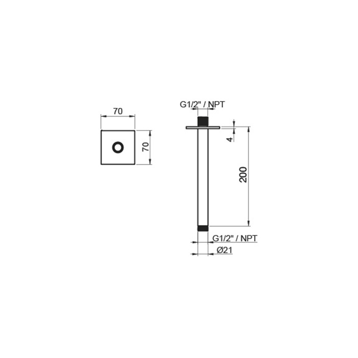 Almar 316 Stainless Steel Кронштейн для верхнего душа, потолочный, 20 см с квадратным отражателем, цвет: нержавеющая сталь брашированная AISI 316