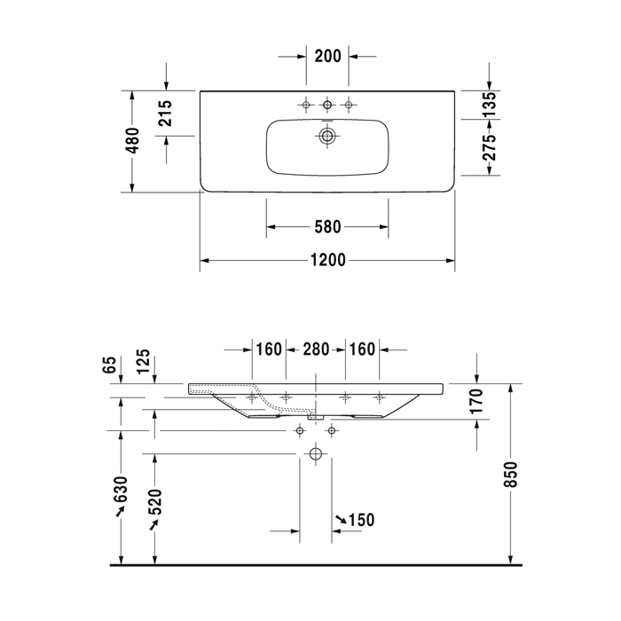 Duravit DuraStyle Раковина 120х48 см, 3 отв., с переливом, цвет: белый