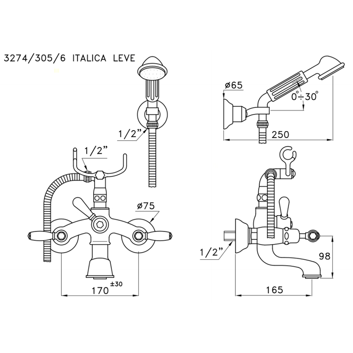Stella Italica Leve Смеситель для ванны 3274/305/6 с ручным душем, цвет: хром