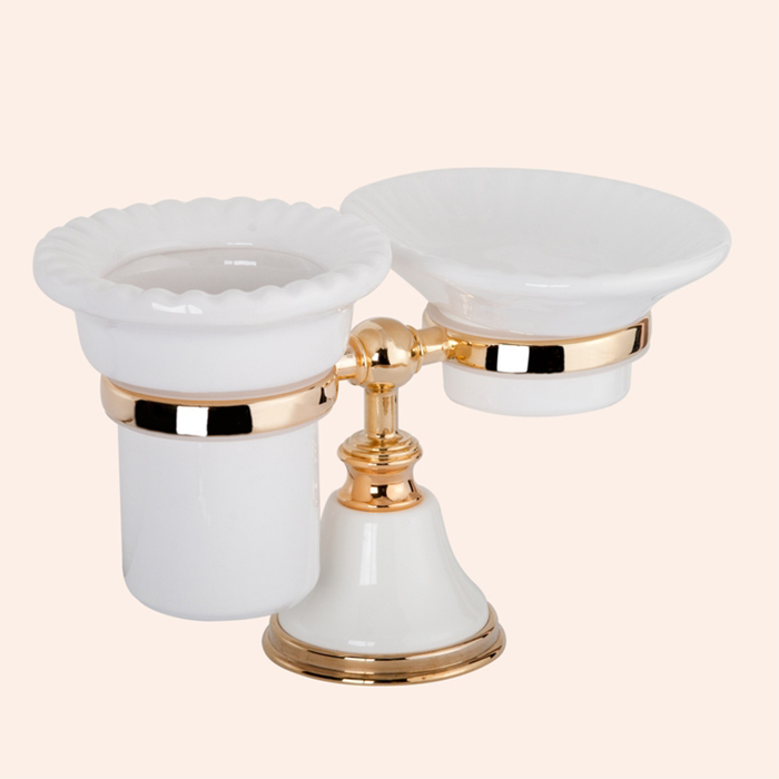 TW Harmony 141, настольный держатель с мыльницей и стаканом, керамика (бел), цвет: белый/золото