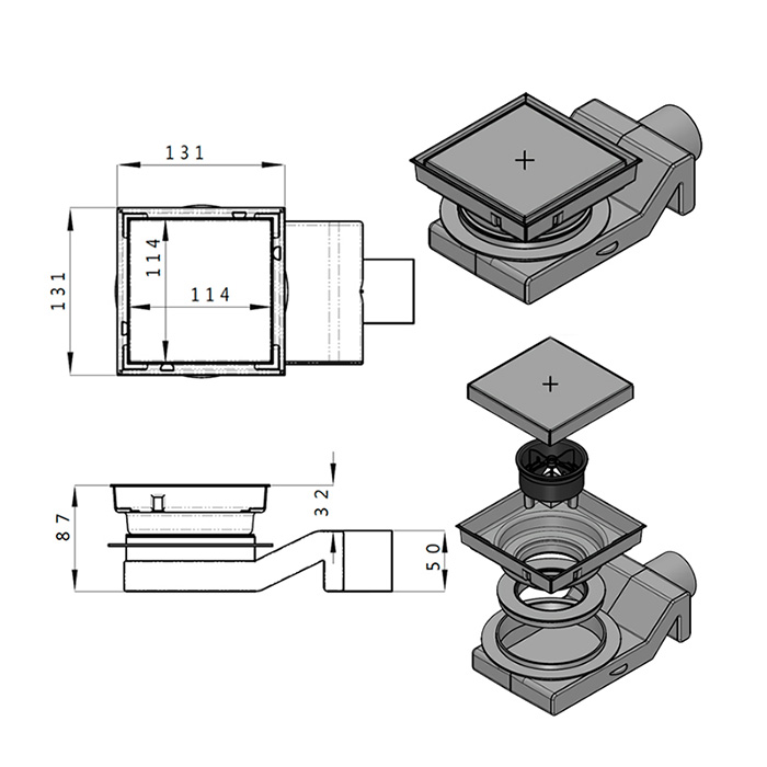 Plumberia Трап душевой PS HOLDER 13x13см, выпуск 50мм, 40л/мин, цвет: нержавеющая сталь
