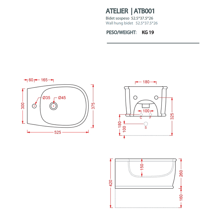 Artceram Atelier Биде подвесное 52х37см, с 1 отв под смеситель, цвет: черный матовый