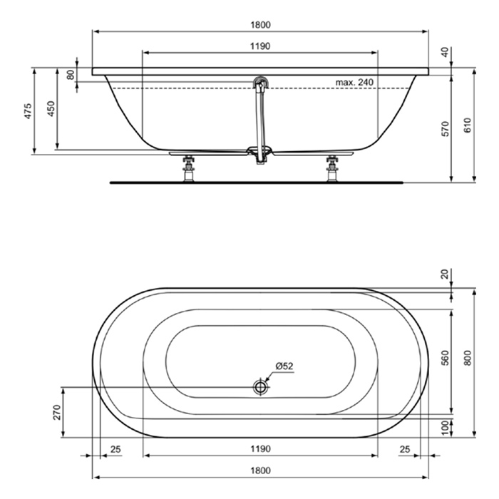 Ideal Standard Connect Air OVAL Ванна 180x80 см, встраиваемая, овальная, акрил, без панелей, перелива, без ножек, цвет: белый глянец
