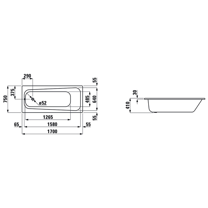 Laufen Pro Ванна встраиваемая, 170x75см., эмалированная сталь (3,5 мм), шумоизоляционное покрытие, без отверстий для ручек, с антискользящим покрытием, цвет: белый