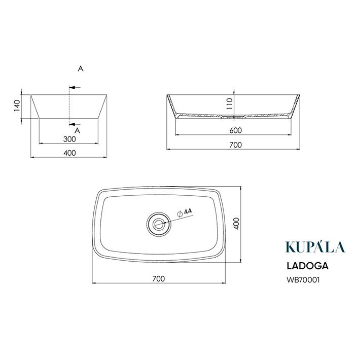 Kupala Ladoga Раковина накладная, 70x40x12.5см, без отв, без перелива, искусственный камень, цвет: белый матовый