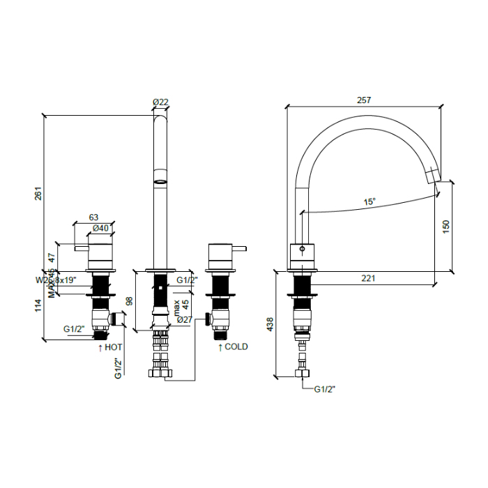 Almar Mixers Смеситель для раковины, 3 отв., без донного клапана, цвет: черный металл брашированный PVD