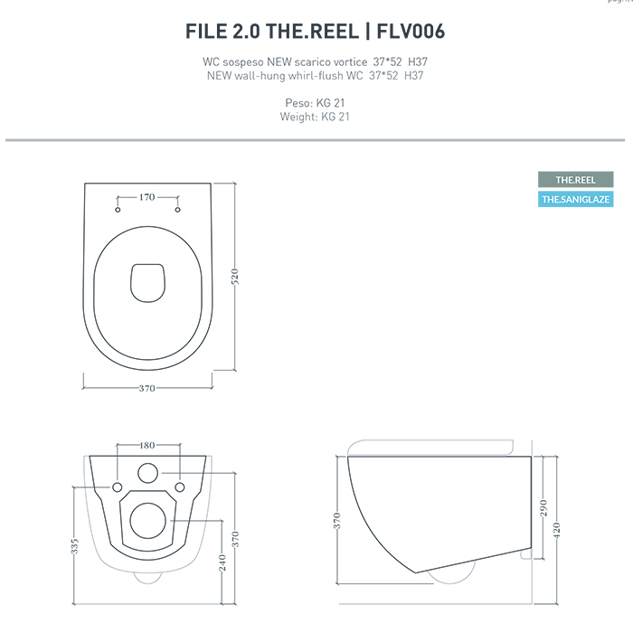 Artceram File 2.0 Унитаз подвесной 36х52см, безободковый, турбо смыв the.reel, saniglaze, цвет: белый глянцевый