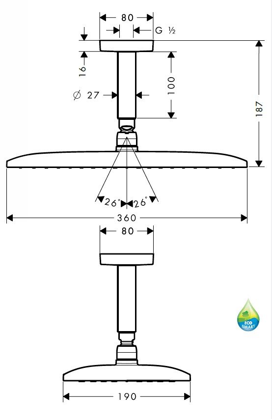 Hansgrohe Верхний душ Raindance E 360 AIR 1jet, потолочное подсоединение 100 мм, ½’, цвет: хром
