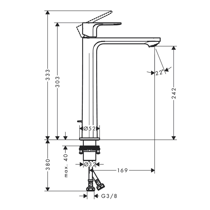 Hansgrohe Rebris E Смеситель для раковины-чаши 240, однорычажный, CoolStart, со сливным гарнитуром, цвет: матовый черный