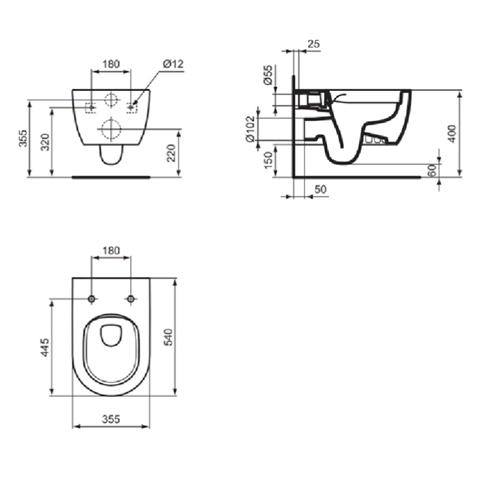 Ideal Standard Blend Curve Унитаз подвесной 54х36см., безободковый с технологией смыва RimLS+®, цвет: белый