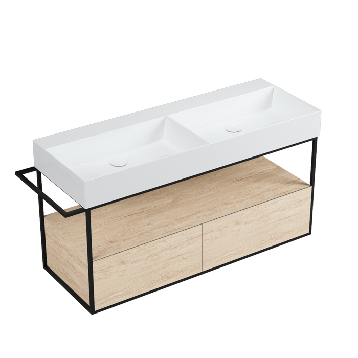 Azzurra Elegance Squared Подвесная структура под раковину 122 см, 130x44,5xH52 см, 2 ящика, полотенцедержатель, цвет ящиков: Olmo naturale, цвет структуры: Nero opaco