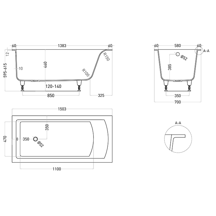 Salini Cascata Встраиваемая ванна 150x70x60см, с прямоугольной чашей, ножки, S-Sense, цвет: белый глянцевый