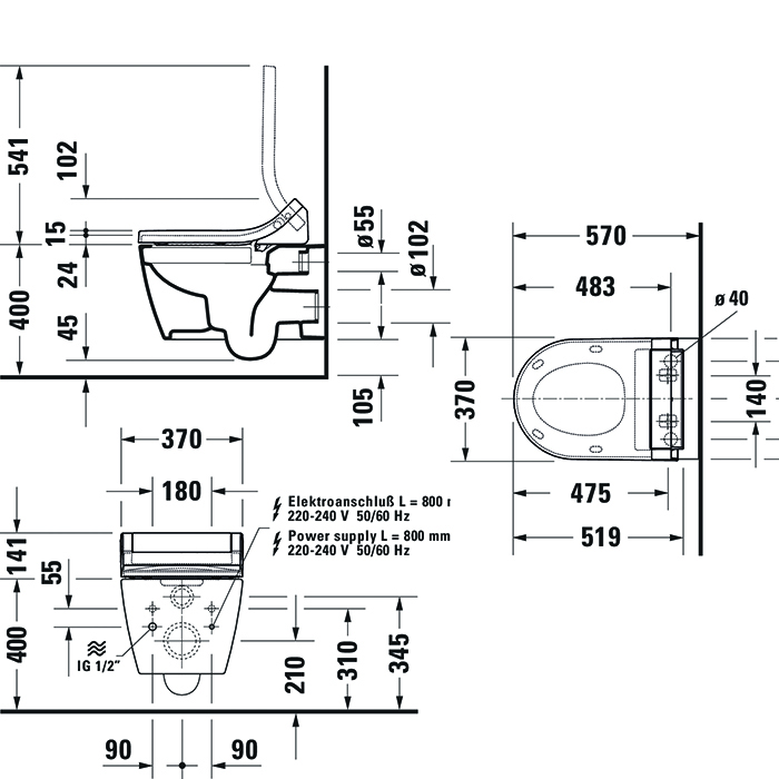 DURAVIT Me by Starck Унитаз подвесной безободковый 57х37см., для крышки-биде Sensowash, с креплением, цвет: белый