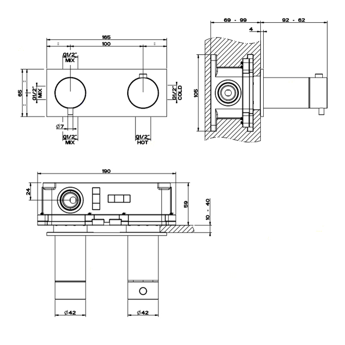 Gessi Shower316 Термостатический смеситель, с подключением на 1/2", фильтрами и вентилем с керамическими дисками, на три позиции, цвет: шлифованная сталь