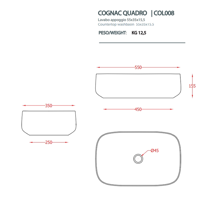 Artceram Cognac Раковина накладная Quadro 55x35 см, saniglaze, цвет: белый глянцевый