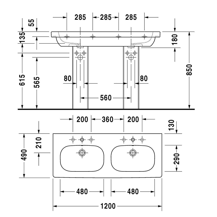 Duravit D-Code Раковина для мебели, 120х49см., с 1 отв., двойная, с перел., цвет: белый
