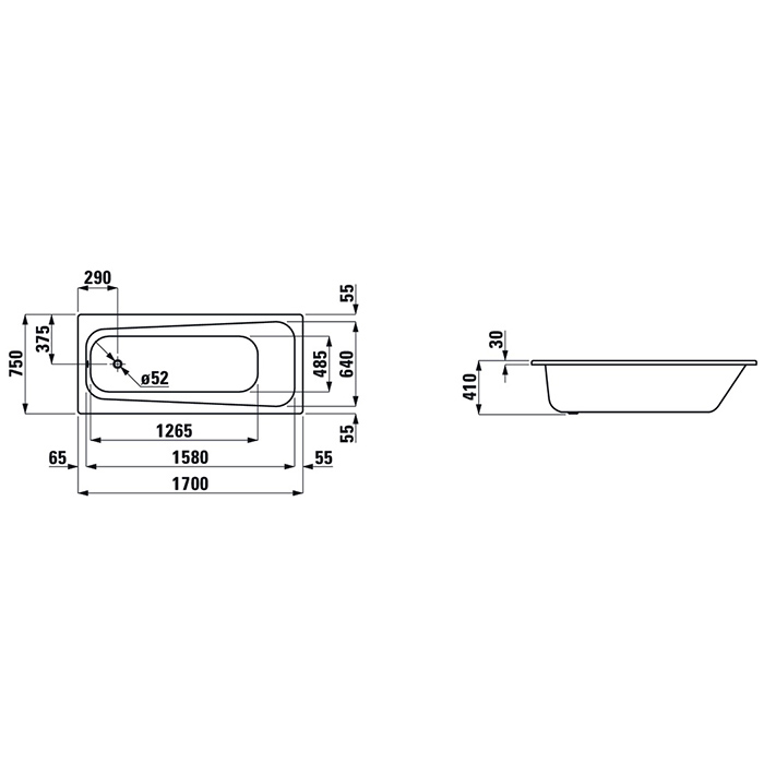 Laufen Pro Ванна встраиваемая, 170x75см., эмалированная сталь (3,5 мм), шумоизоляционное покрытие, с отверстиями для ручек, цвет: белый