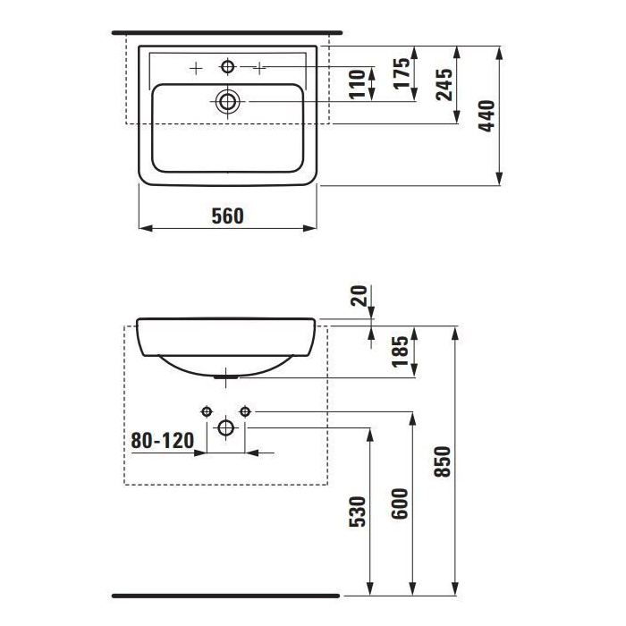 Laufen Pro A Раковина 56x44x11.5см., полувстраиваемая, 3 отв., цвет: белый