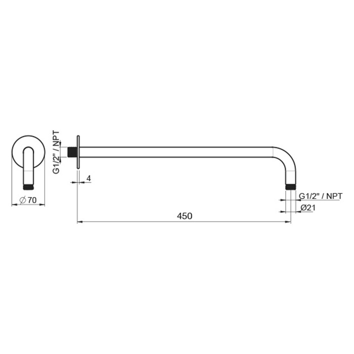 Almar 316 Stainless Steel Кронштейн для верхнего душа, настенный, 45 см с круглым отражателем, цвет: нержавеющая сталь брашированная AISI 316