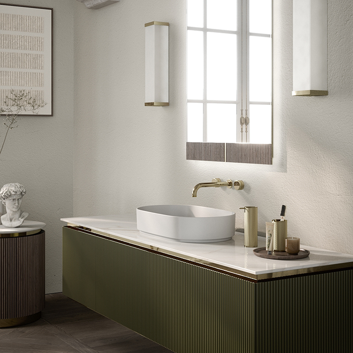 Oasis Naos Композиция №15 Комплект мебели 185х56xh45см, подвесной, мраморный топ calacatta oro, цвет: лак матовый/золото матовое