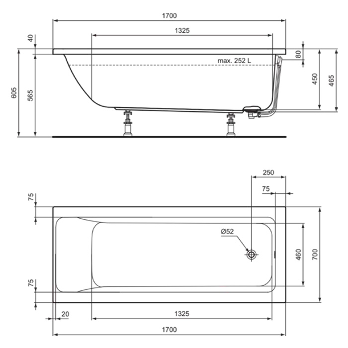 Ideal Standard Connect Air Ванна 170x70 см, встраиваемая, акрил, без панелей, перелива, без ножек, цвет: белый глянец