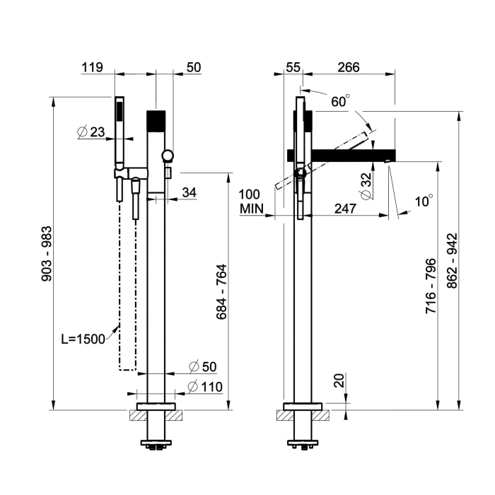 Gessi Incastri Смеситель для ванны, напольный, с ручным душем, цвет: Brass Brushed PVD